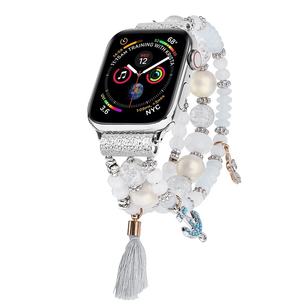Женский модный очаровательный ремешок для Apple Watch эластичный роскошный сменный с кристаллами и жемчугом iWatch Series 6 5 4 3 SE 40
