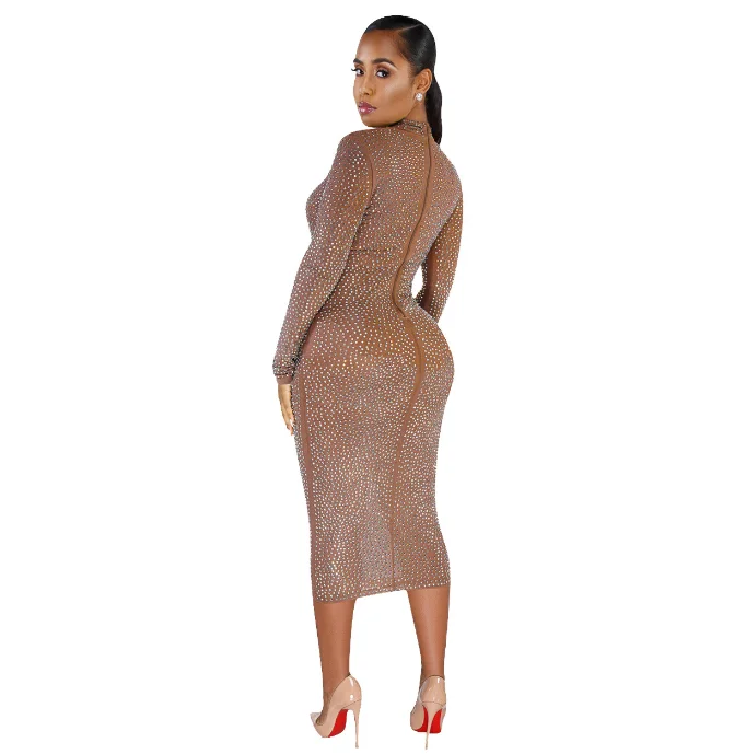 
SP2053F 2019 Long-sleeved perspective dress with double-sided hot drilling in autumn and winter 