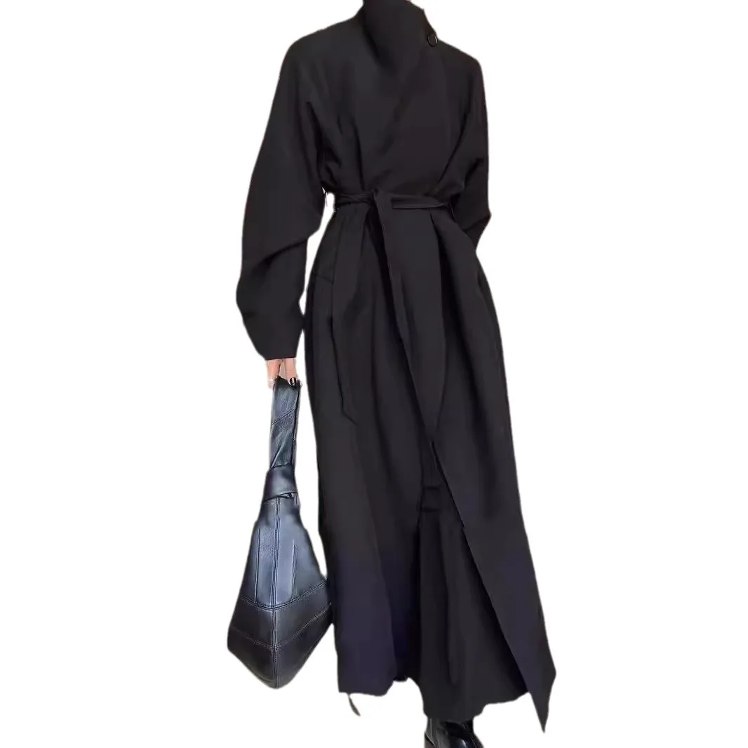 2024 Early autumn long trench coat women high-grade simple lace below-the-knee coat high-grade loose casual trench coat