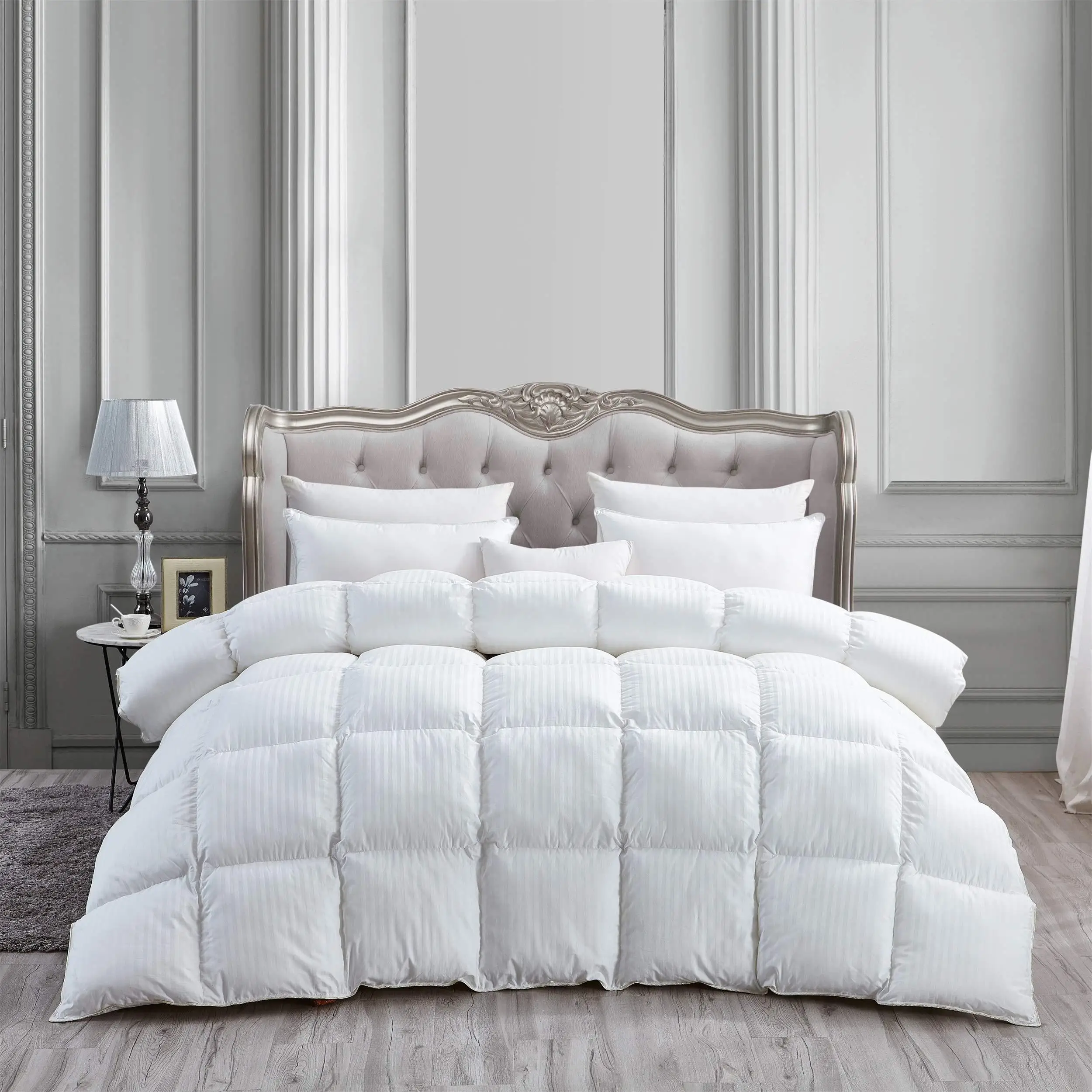 100% Egyptian Cotton White Stripe Luxury 1200 Thread Count Full Queen Size Siberian Goose Down and Feather Comforter