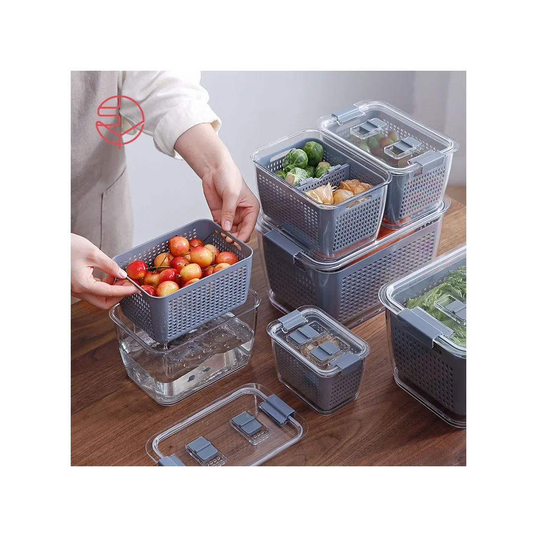 2024 Kitchen accessories Refrigerator food container Drain basket Food Vegetable storage boxes Double layers Storage baskets