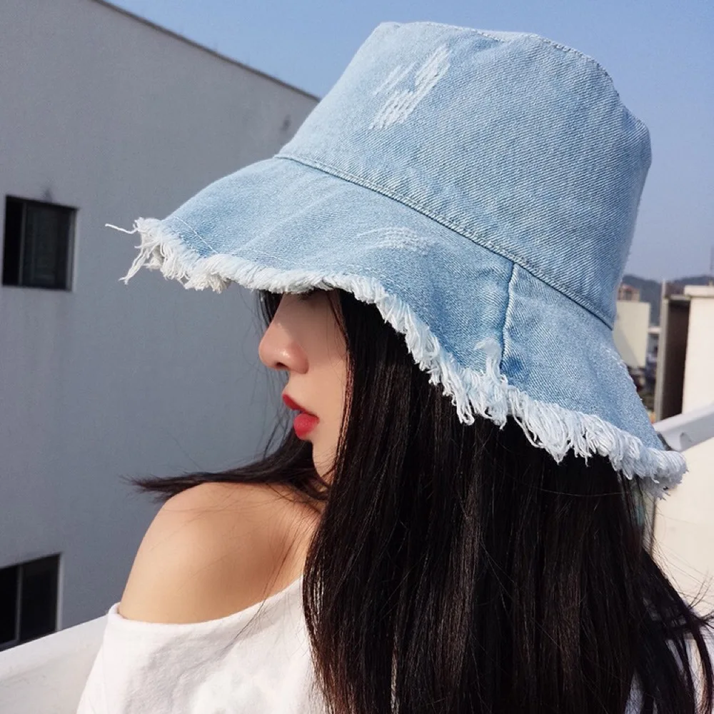Vintage Denim Bucket Hat Washed Denim Distressed Denim Bucket Hat Big Brim