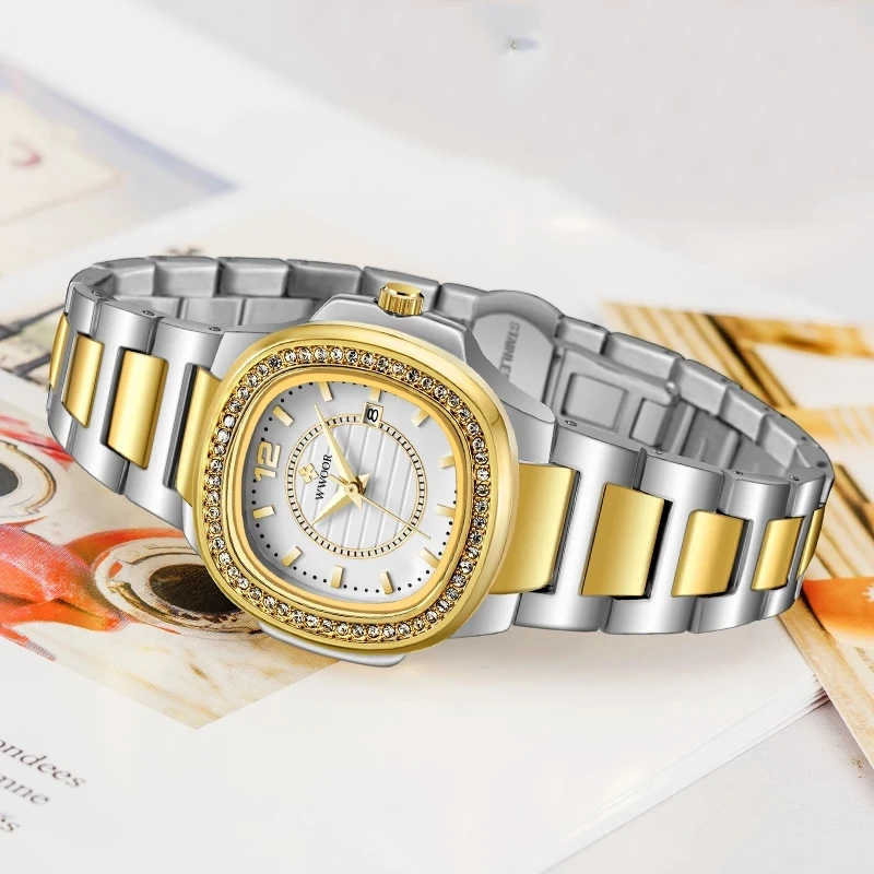 WWOOR 8874 Luxury Gold  Women Watches Business Stainless Steel Watches Ladies Quartz Calendar Waterproof Wristwatch Hot Sale