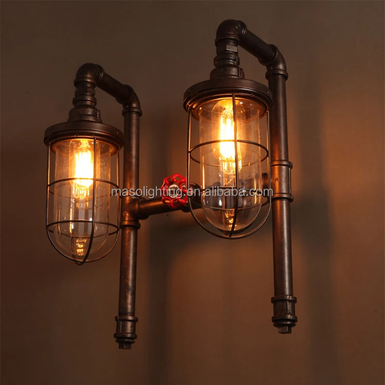Loft vintage wall lamp Retro Industrial Double Heads Water Pipe Wall Light for Bedroom Decor iron cage sconce wall light