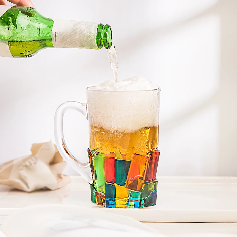 New Design Iridescent Rainbow Crystal Beer Glass Multicolor Aesthetic Glass Cups With Handle