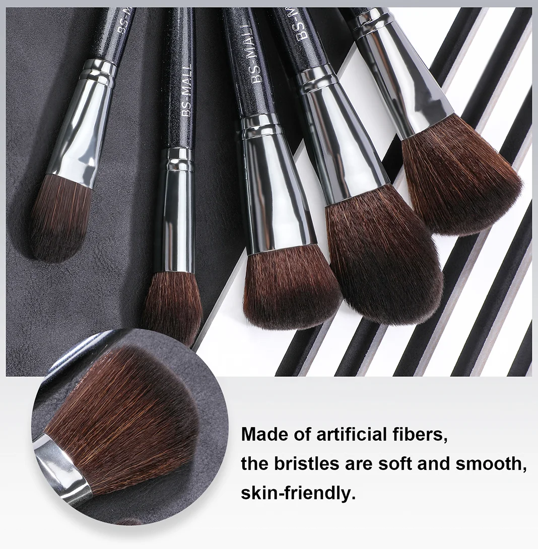 BS-MALL Black Makeup Brushes Kits 16PCS Unique Wooden Handle Custom Made Makeup Cosmetic Brushes Private Label