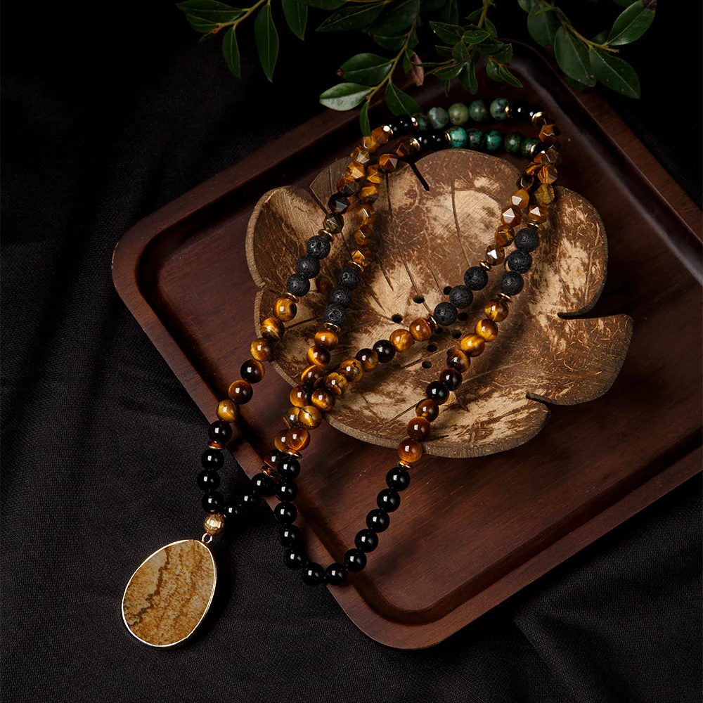 Retro Vintage Rose Quartz Tiger Eye Natural Stone Wooden Rosary Knotted 108 Mala Beads Long Necklace Multi Layer Bracelet