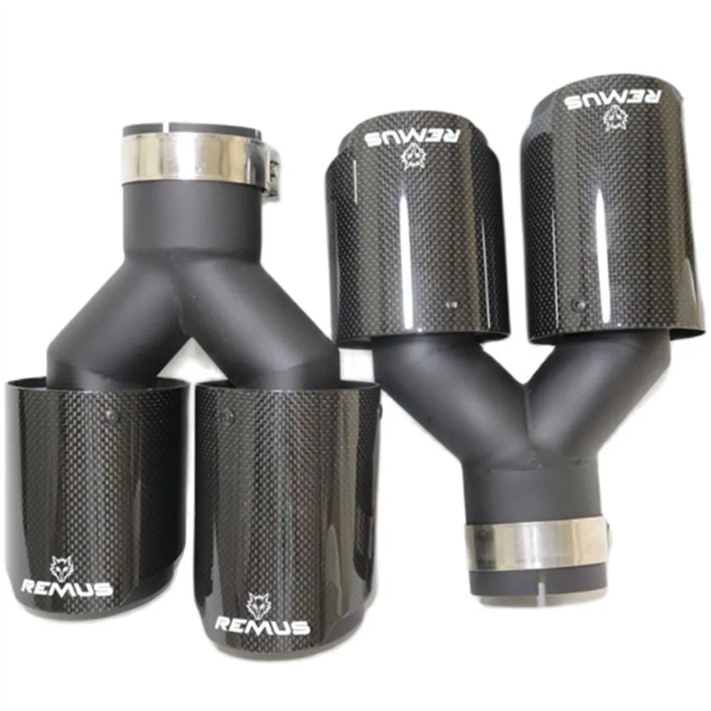 2PCS Remus Logo Dual Matt Carbon Fiber Exhaust Tip 304 Stainless Steel Exhaust Pipe Straight Flange Muffler Tip For Volvo BMW