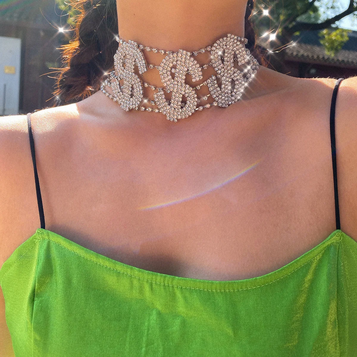 Womens Full Rhinestone Dollar Sign Choker Crystal US Bill Collar Choker Necklace Party Jewelry