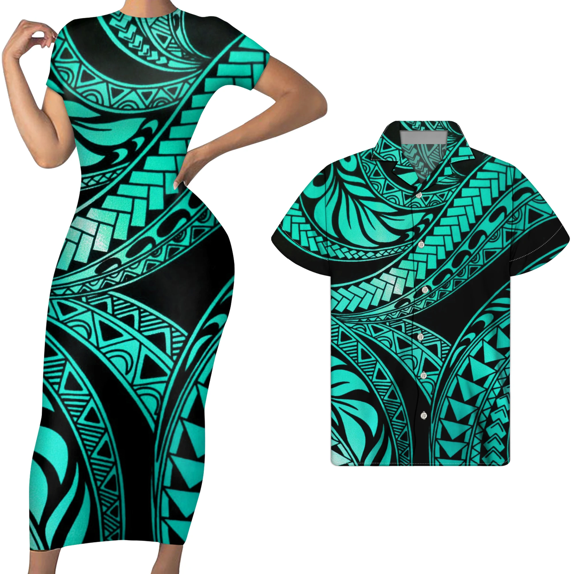 
Sparkle Cyan Polynesian Tribal Stripe Print Short sleeve Long Bodycon Dress Women Match Men Shirts Custom Couple Clothing Set 