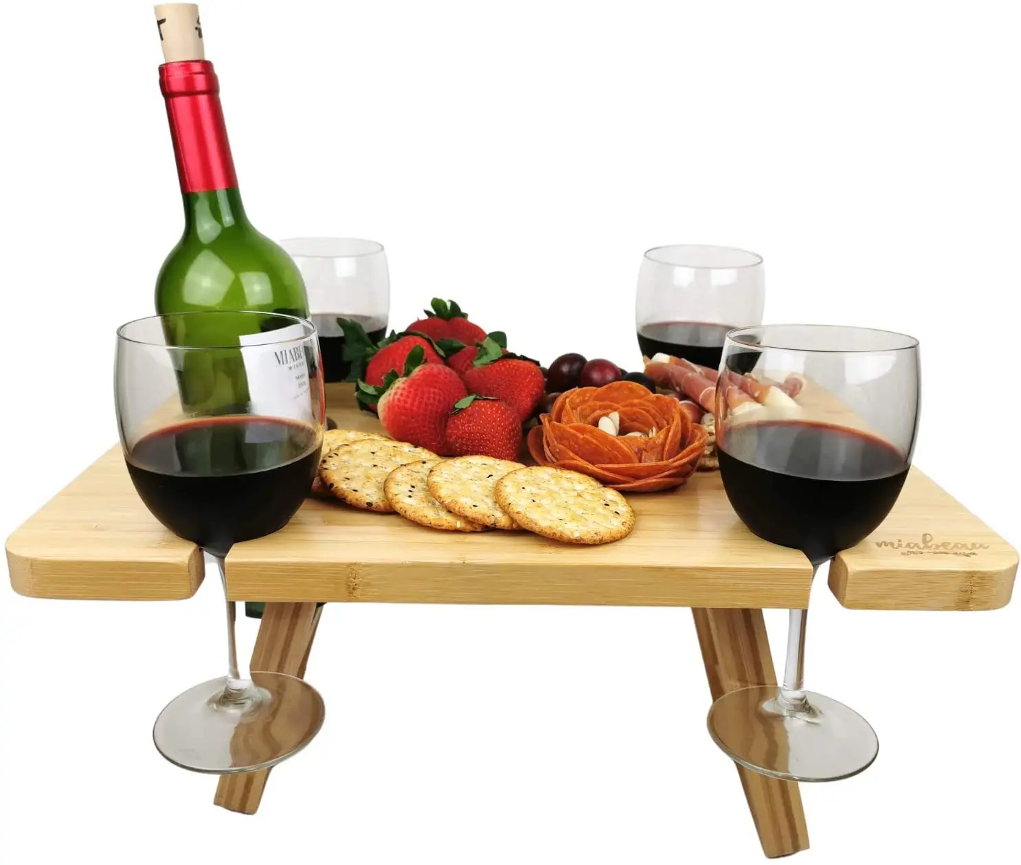 Premium Natural Bamboo Folding Charcuterie Meat and Cheese Tray with Bottle and Four Glass Holder
