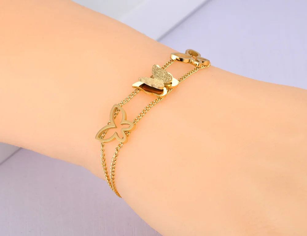 New fashion 316 titanium steel 18K Gold Plated non fading Bracelet female hollow double-layer Butterfly Bracelet
