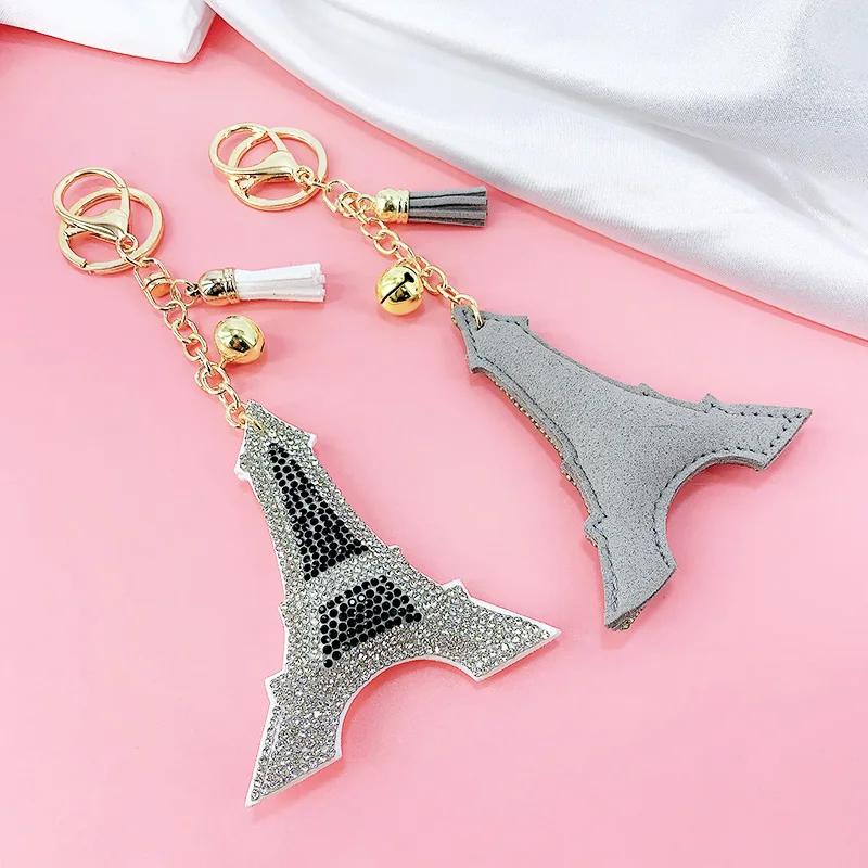 Creative Korean Velvet Rhinestone Paris Paris Eiffel Tower Keychain Pendant Bag Tassel Car Charm