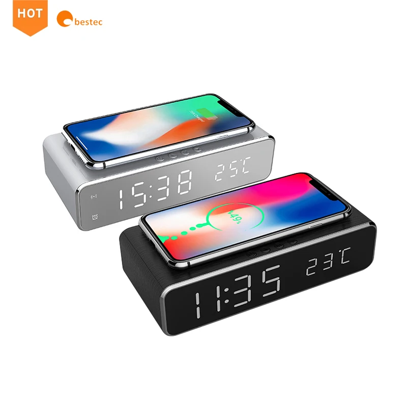 Multi-Function qi Wireless Charger with Desktop LED Digital Thermometer Clock and Time memory for Bedroom,Table