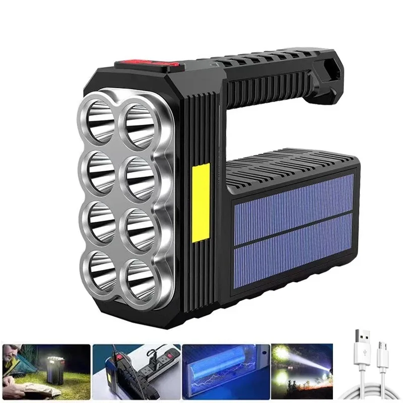 New Solar Rechargeable Usb Flashlight Super Bright 8 Head Led Flashlight Portable Searchlight Long Shot