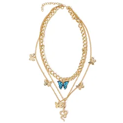 2022 Fashion Retro Long Adjustable Gold Plated Necklace Blue Snake Multilayer Necklace Three Floors Butterfly Necklace for Women
