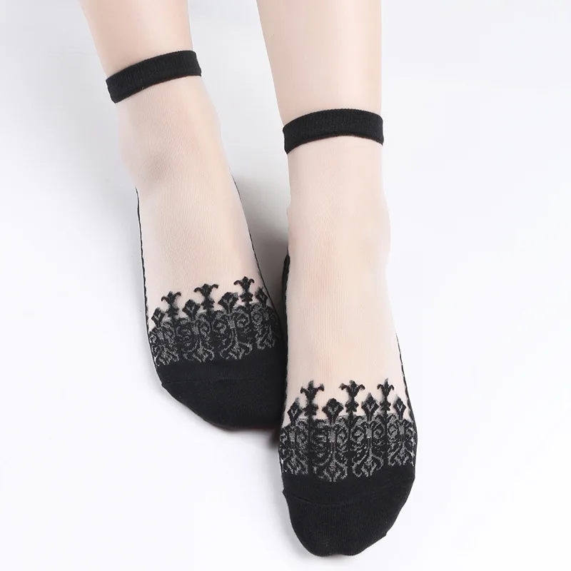 Flower Floral Silk Stockings Cheap Fashion Breathable Woman Sock Shoes Walking Light Transparent Ankle Socks