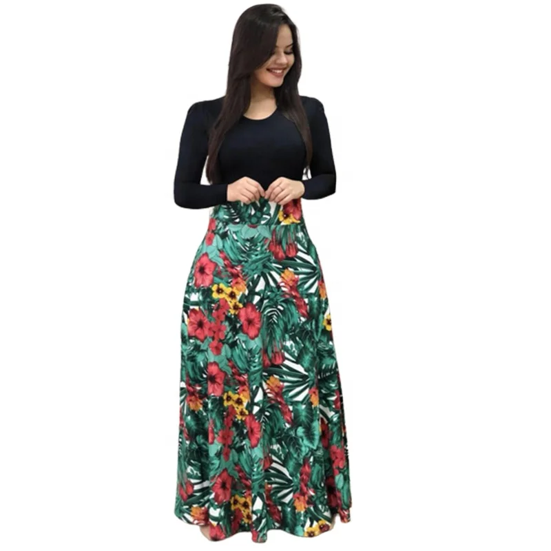 Spring Autumn Women Dress Female Fashion Long Sleeve Floral Print Long Maxi Dress Casual Ankle-length Ladies Custom Logo Adults