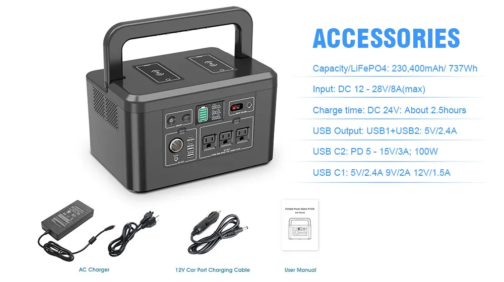portable power stations 230400mAh/200000mAh 1000W/800W Portable Power Station 110V/220V AC Power Bank for Outdoor Camping R1000