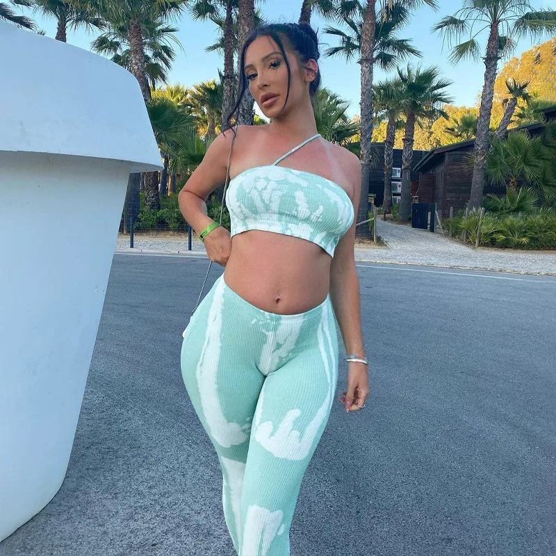 Spring 2022 women s clothing fashion ribbed tie dye printed 2pc pants set outfit two piece women spring style clothes