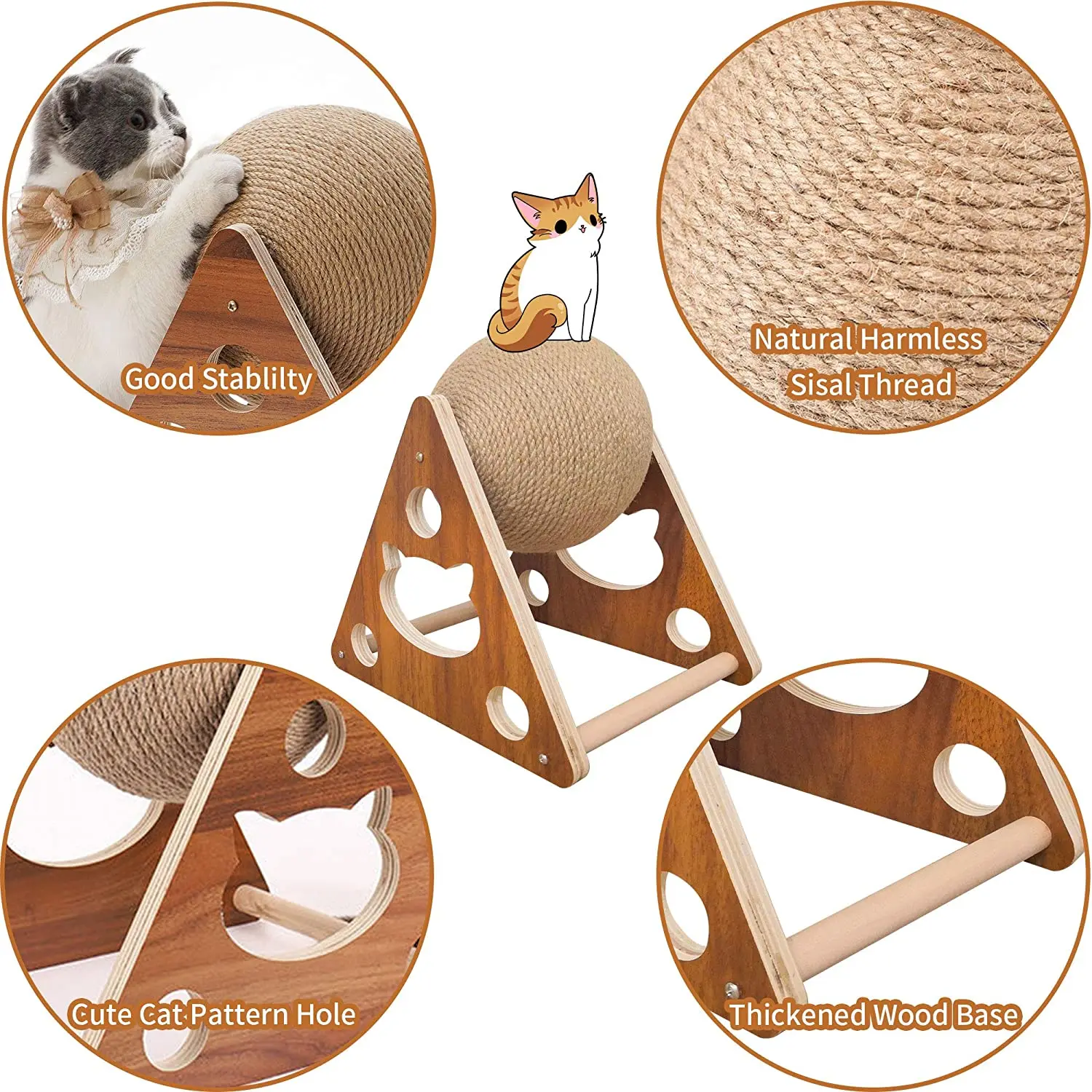 indoor Keep Cats Fit Scratching Ball wooden Cat Scratcher Toy With cat claw column base