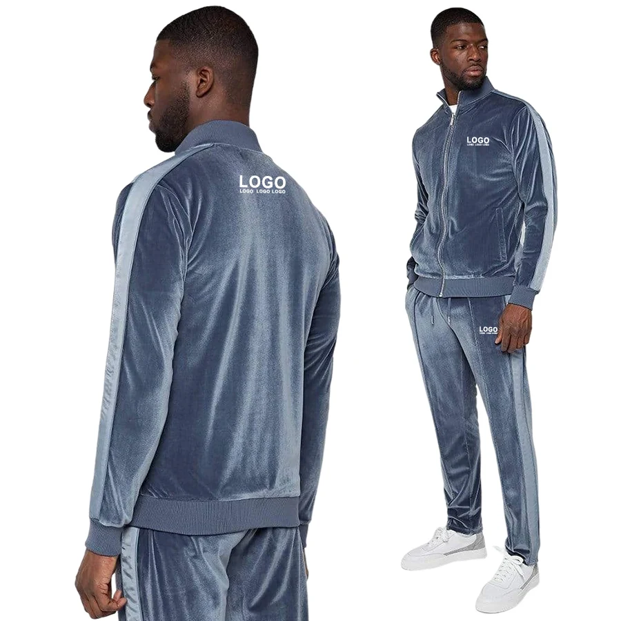 private label slim fit velvet velour fleece men zip two piece sweatsuit set sweat track suit tracksuit