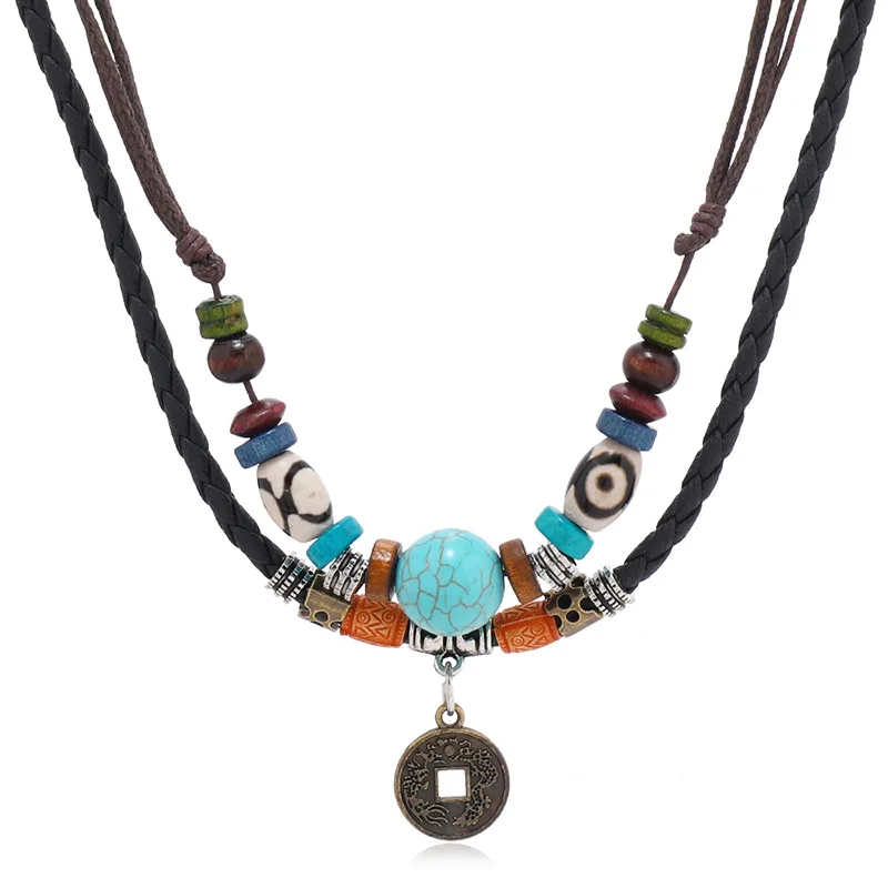 Hot Selling Custom Personalized Turquoise Beaded Vintage Multi Layered Braided Leather Chain Men Necklace