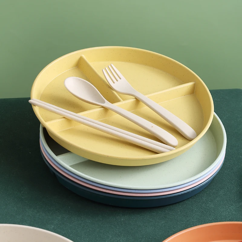 8.6 inch Complimentary Cutlery on Fitness Salad Plate Microwave Dishwasher Safe Wheat Straw Salad Plate With Compartments