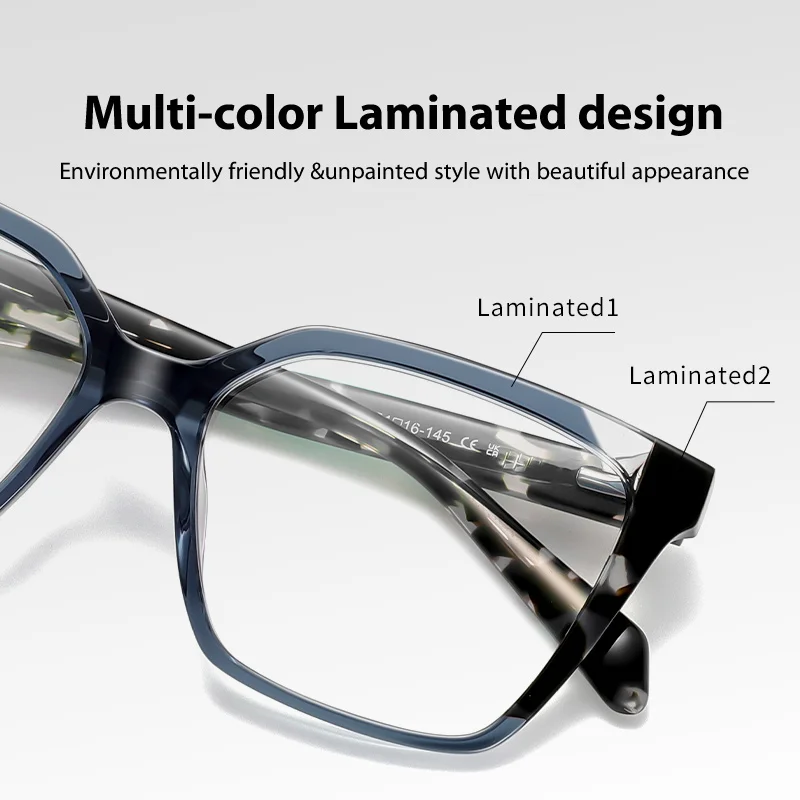 Bold Square Glasses Frames with Angular Color-Mixed Design and Anti Blue Light Protection Lenses Acetate Glasses for Unisex