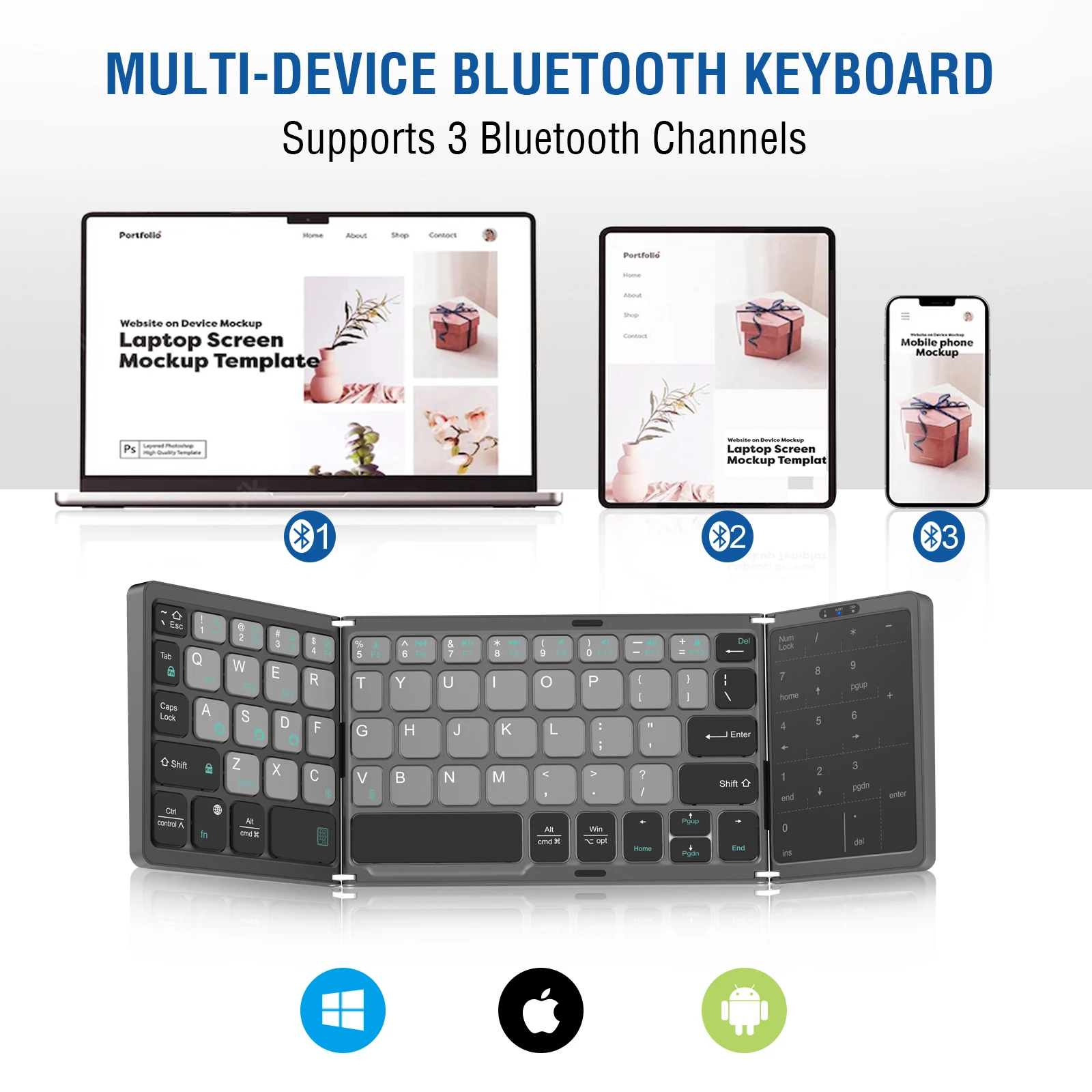 Foldable  Keyboard, Rechargeable Portable Wireless Keyboard with Touch pad & Number Pad for Android, Windows, iOS