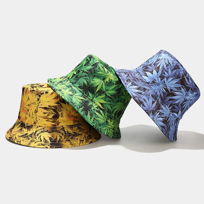 Outdoor Sport Autumn Spring Adult 3D Digital Print Plant Maple Green Weed Leaf Marijuana Bucket Cap Hat Reversible for Men Women
