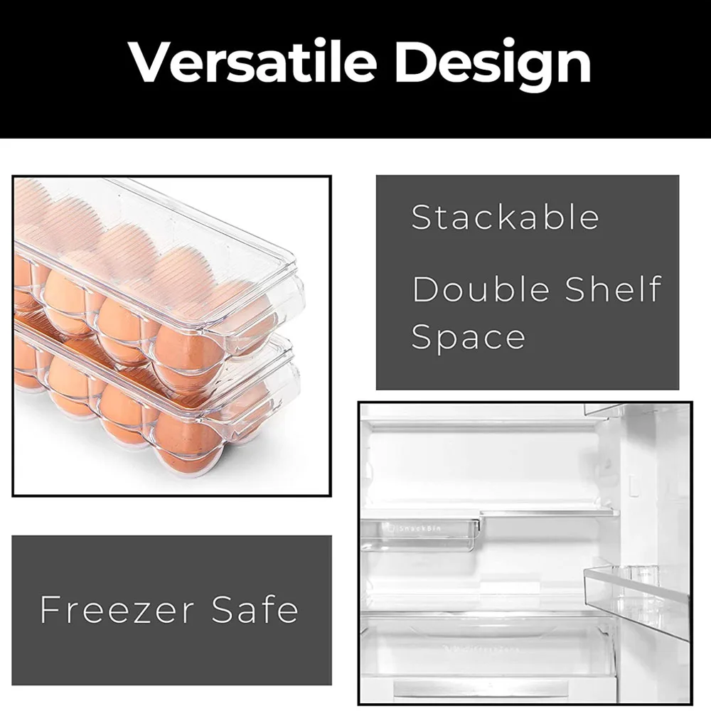 Egg Holder for Refrigerator Plastic Egg Storage Container for Fridge Clear Refrigerator Organizer Bins with Lids Stackable Tray