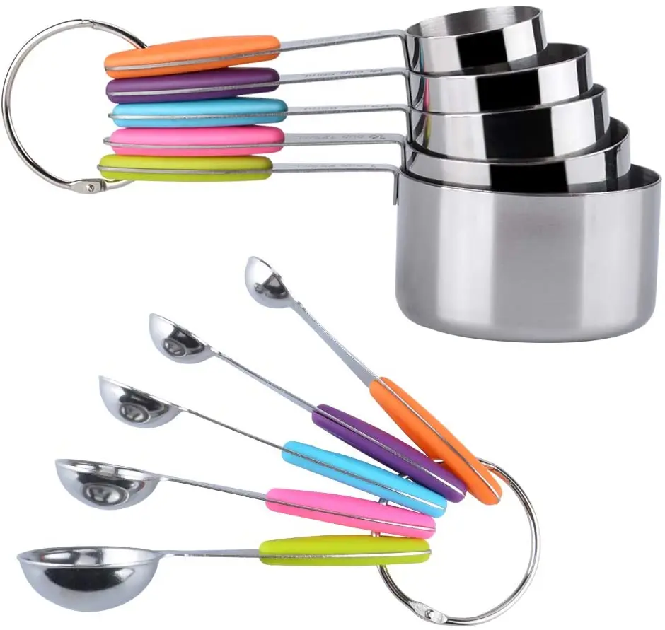 10 Pcs Amazon Hot Sell Stainless Steel Measuring Cups and Spoons Set with Silicone Handle