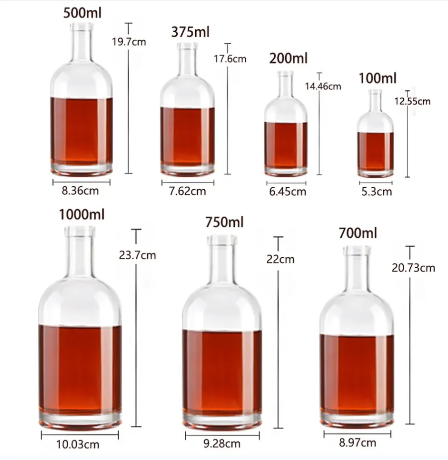 200ml 500ml 750ml 1000ml transparent round empty glass liquor wine Whisky Vodka tequila bottle with sealed cork lid