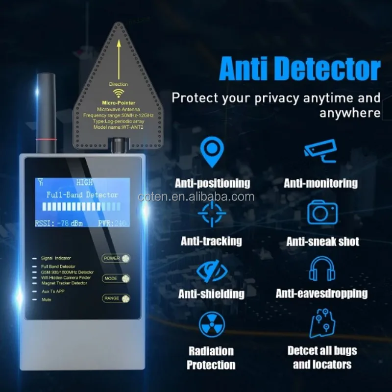 WT10  Anti Spy Bug Detector RF Detector Built-in Rechargeable Battery Wifi GSM GPS Tracker Wiretapping Spy Device Signal Detect