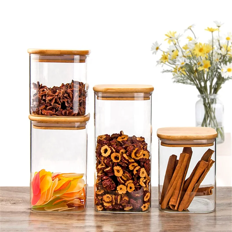 square high borosilicate glass sealed storage jars with bamboo lids kitchen food candy tea jar container with wooden lid
