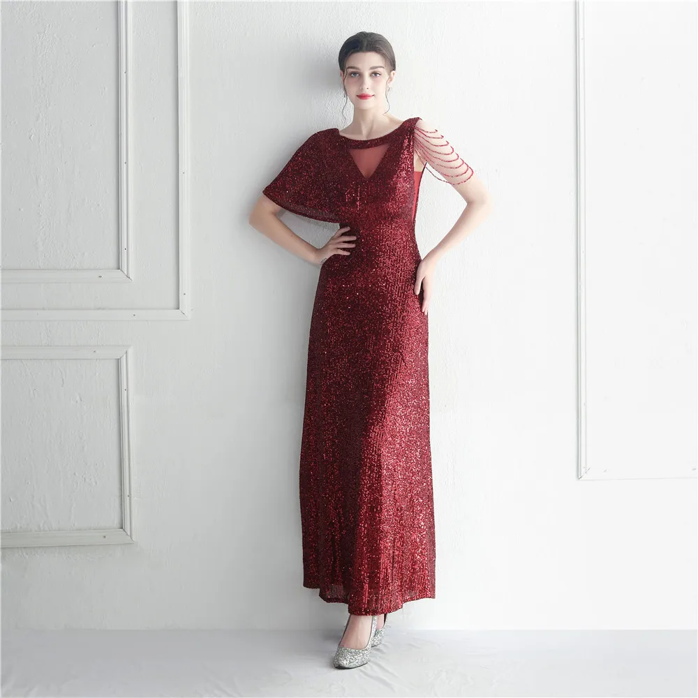 Foreign trade craft nail bead sleeve net gauze perspective bridesmaids etiquette celebration dinner long evening dress