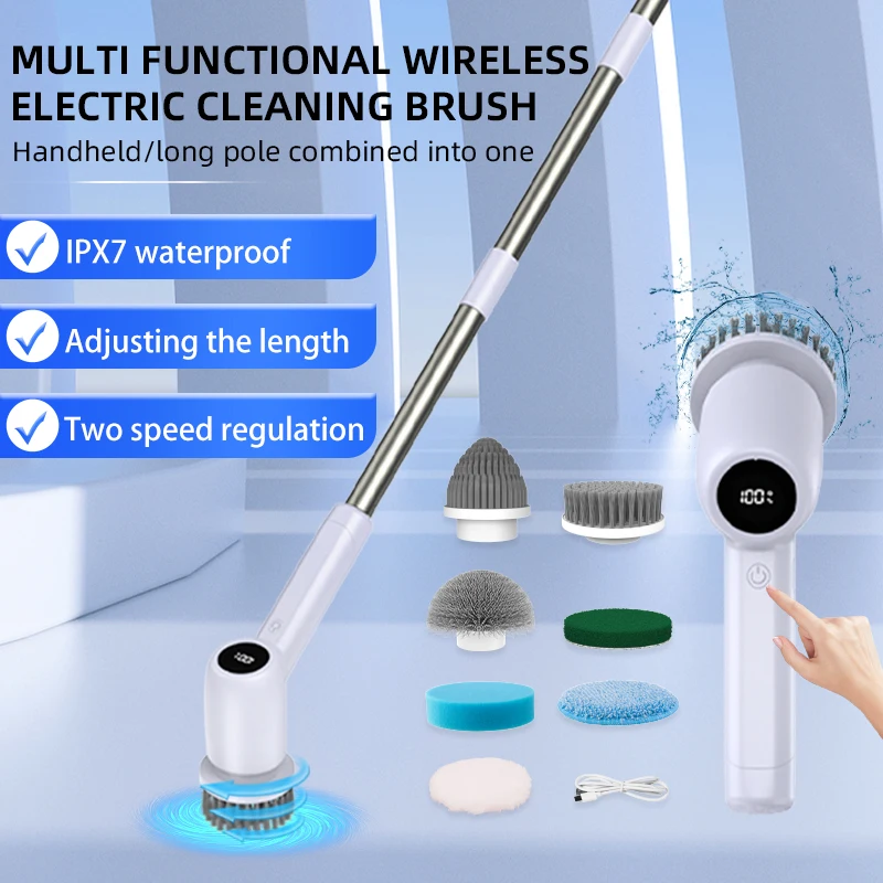 Handle Adjustable Extension 8 Heads Electric Spin Scrubber Bathroom Kitchen Cordless Cleaner Brush For Cleaning Floor Scrubber