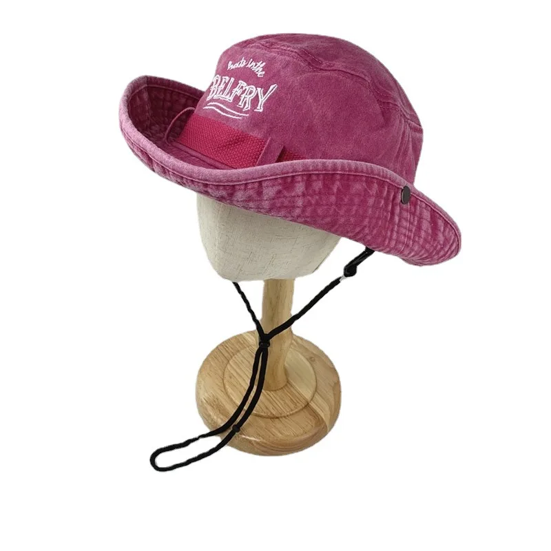 fashion embroidered basin hat pink cowboy vintage washed cotton denim blue jean bucket hats women