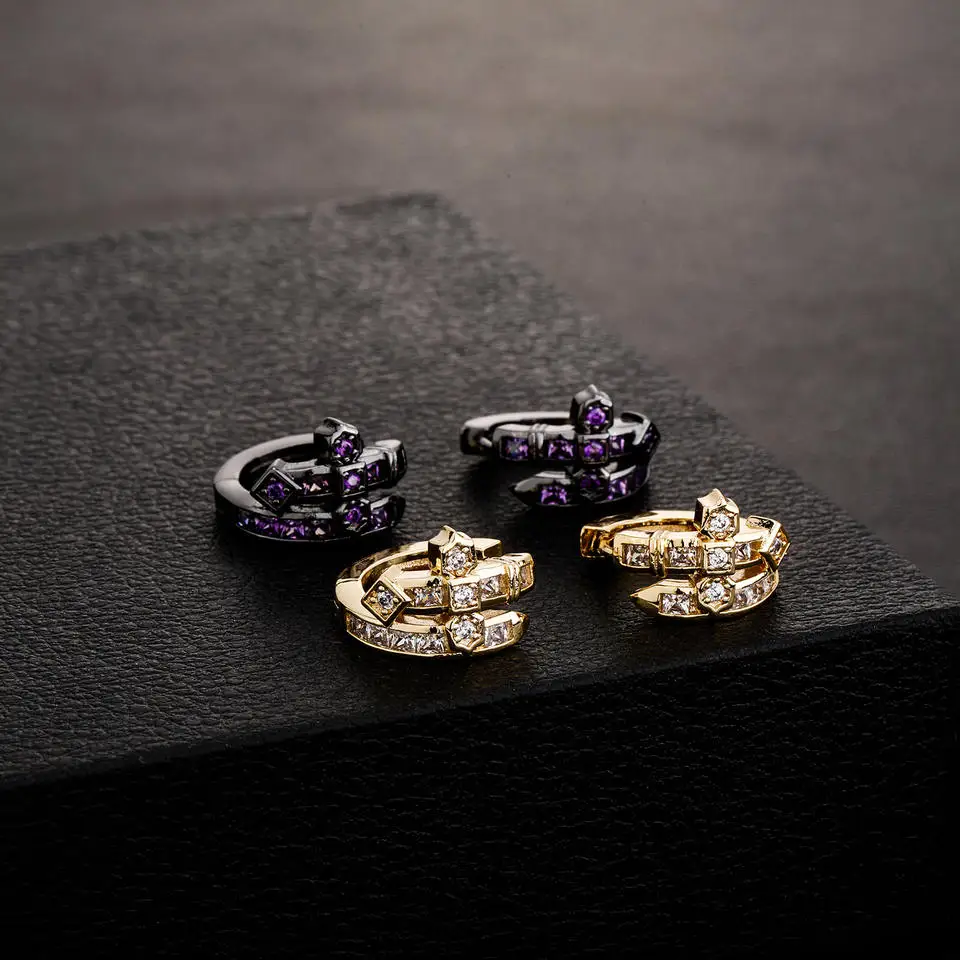 Hiphop Gift Men Women Jewelry Iced Out Micro Pave Cubic Zirconia Bling Punk Sword of Justice Cross Huggie Earring