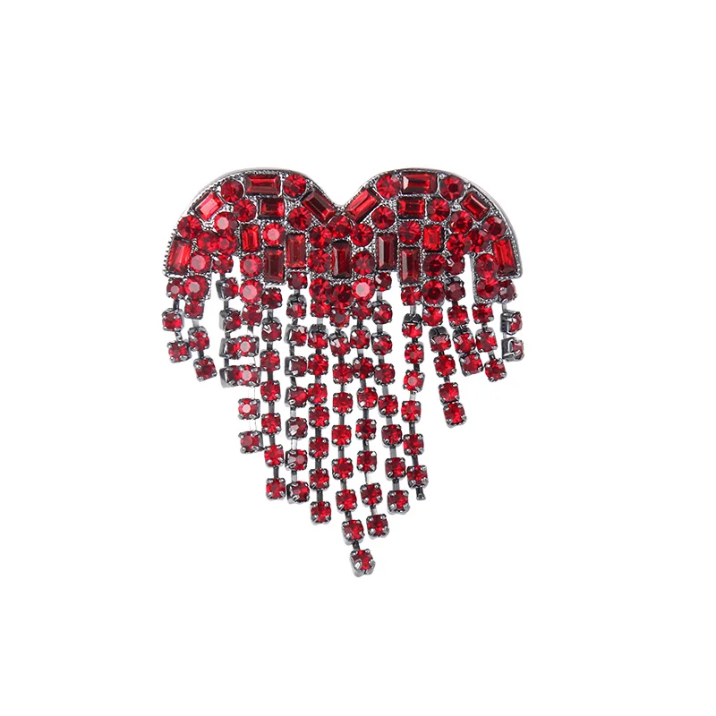 New Arrival High Quality Gun Black Plated Red Crystal Rhinestones Heart Tassel Jewelry Brooch Pin