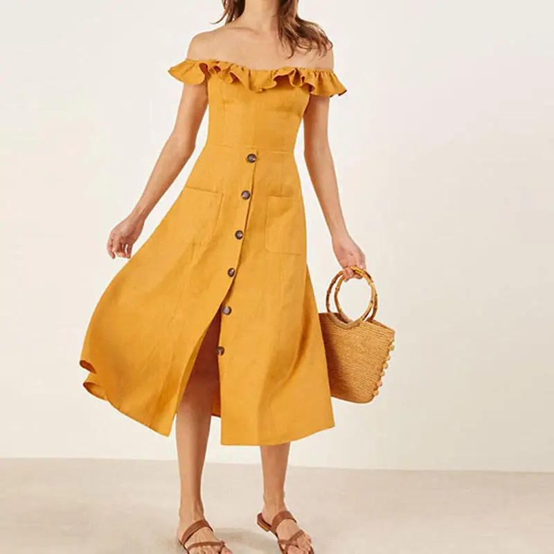 2023 Summer 100% Cotton New collection stunning yellow color beach wrap chest button split casual dress for woman