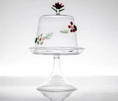 Custom Made Clear Hand Blown Heat-resistant Borosilicate Glass Dessert High-foot Stand with Colored Rose Top