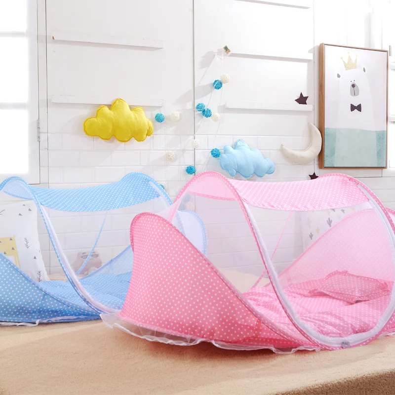 
Hot Sale Baby Foldable Blue Polka Dot Bed Mosquito Net With Sleeping Pad Pillow Baby Bedding 