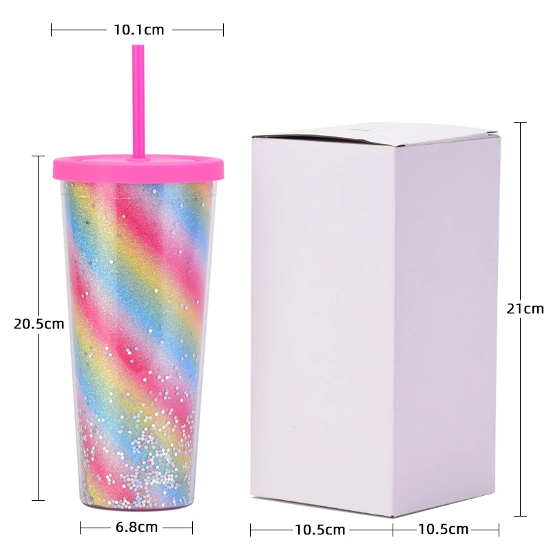 Rainbow Large Capacity 700ml Double Wall Plastic Straw Tumbler Golden Scallion Cloth Suitable for Car Cafes Restaurants Milk