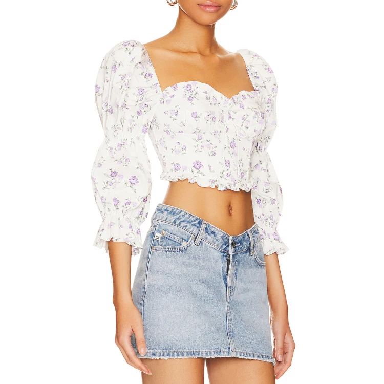 2023 Custom Summer Printed Blouses Elegant Women Fashion Crop Tops For Women