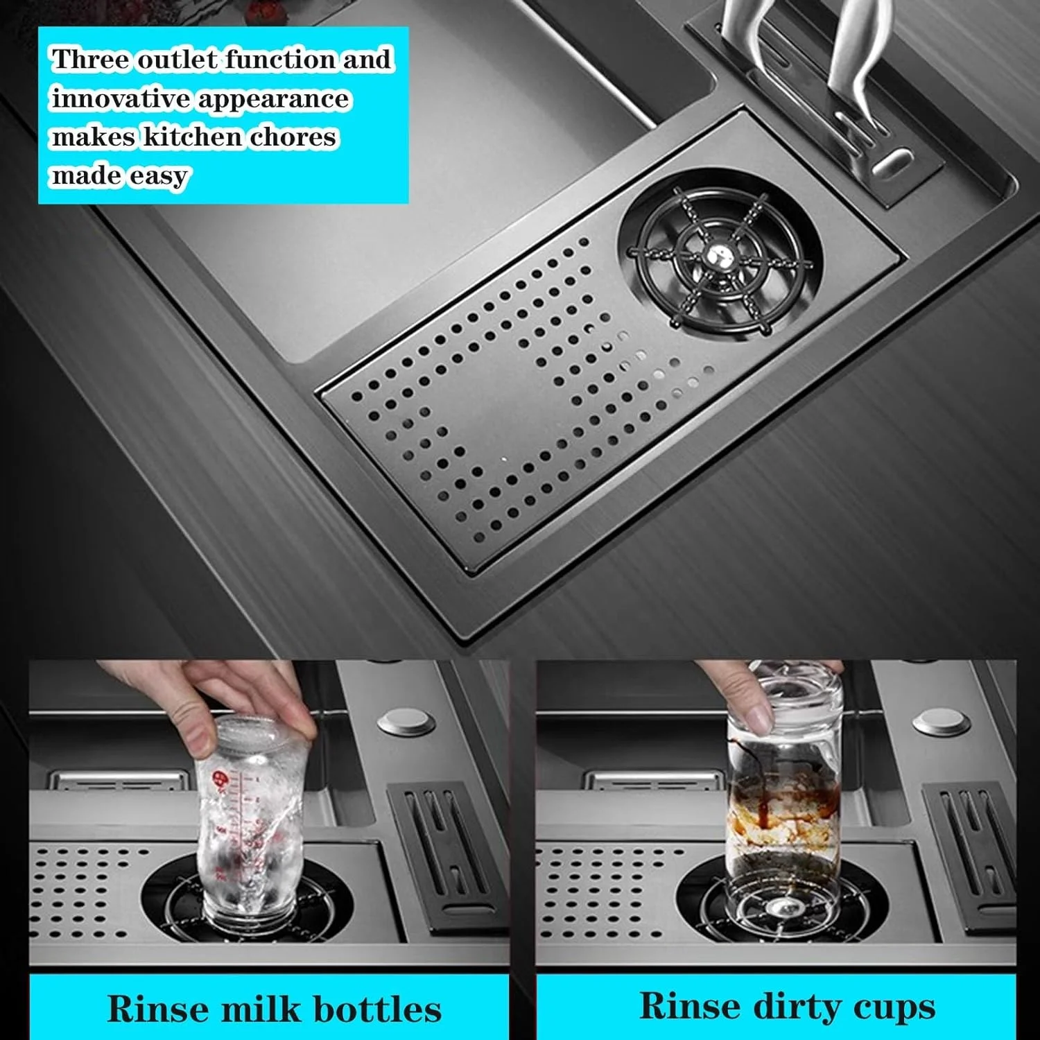 Manufacturer Stainless Steel Anti-scratch Handmade single bowl sinks dish storage rack smart sink kitchen with glass rinser