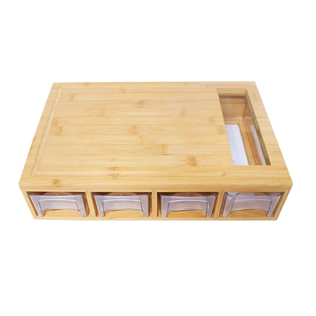 
Kitchen Natural bamboo Vegetable Chopper Multifunction Bamboo Cutting Board With Plastic 4 Tray Drawers 