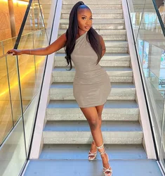 Fashion XS-XL Metallic bright mini dress women 2022 sexy club party sleeveless asymmetrical shoulder slim bodycon Dress