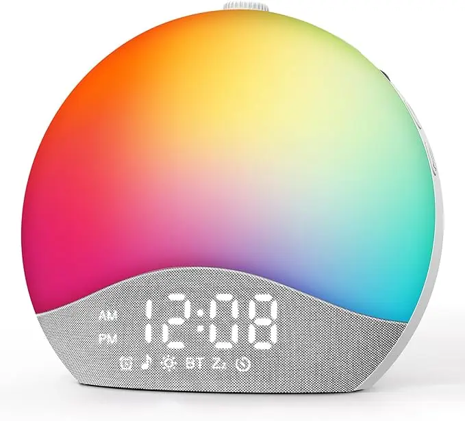 Sunrise Alarm Clock Upgraded Backlit Buttons 26 Soothing Sounds White Noise Machine Night Light, Bluetooth Speaker Wake Up Light